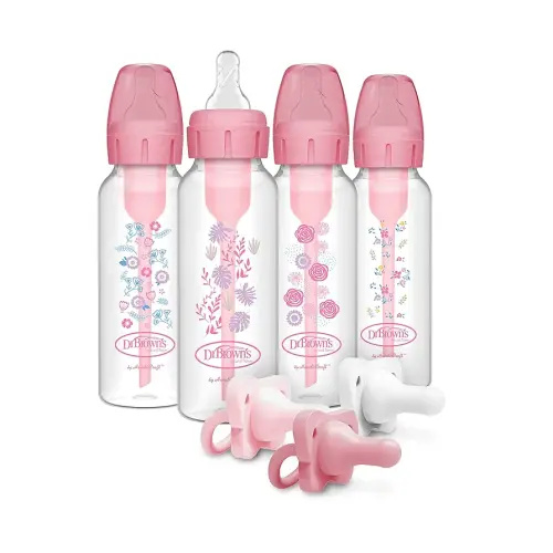 Dr. Brown’s Anti-Colic Options+ Baby Bottles, Narrow, Pink Floral Designs, 8oz, 4 Pack and HappyPaci 100% Silicone Pacifier 0-6m, BPA Free, White, Pink, Light Pink 3-Pack