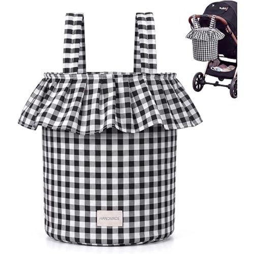 Abbylike Ruffle Stroller Bag with Removable Handles, Cotton Stroller Organizer with Waterproof Lined for Moms Baby Travel(Ruffles Style,15.5 x 9.5 Inch,Black Checkered)