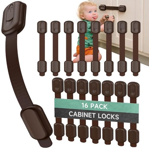 Infinno 16 Pack Cabinet Locks Baby Proofing Heavy Duty - Child Safety Cabinet Locks for Drawers, Cupboards & Fridge – No Drill 3M Adhesive Locks for Pets - Toddler Safety Latches-Brown