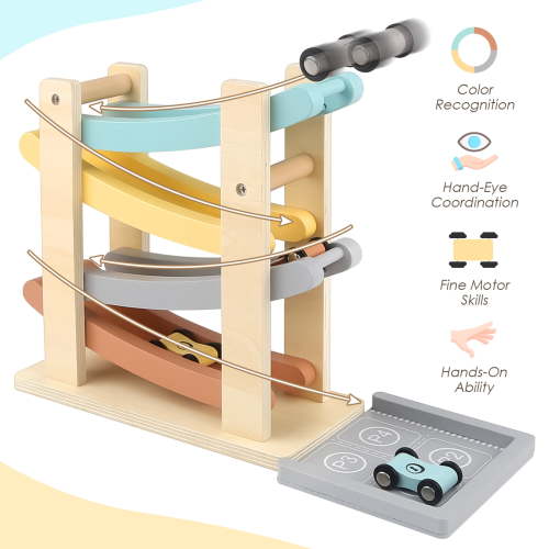 Car ramp toy birthday gift for one year old boy, wooden toys for kids aged 1-2, race track truck toy with 4 mini cars/1 parking space, first Christmas birthday gift for toddlers aged 1+