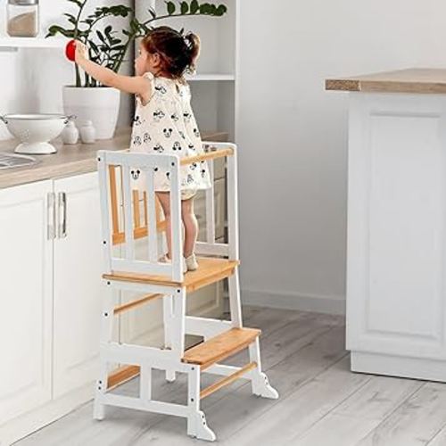 COSYLAND Kids Kitchen Step Stool Helper - Wooden Standing Tower for Kids with Anti-Tip Support Legs (White & Natural)
