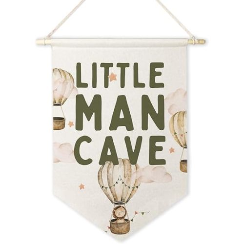 ArtisaEura Little Man Cave Wall Canvas Banners, Hot Air Balloon Nursery Decor, Baby Animal Hanging Display Pennant Banner Flags, Nursery Wall Decor for Kids Boys Room Bedroom Playroom