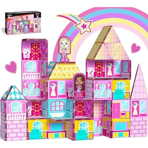GobiDex Princess Magnetic Doll House Building Toys for Girls 3+, Pink Magnet Tiles for Kids Ages 4-8 STEM Sensory Toys for Toddlers Birthday Gifts for Girls 3+ Year Old