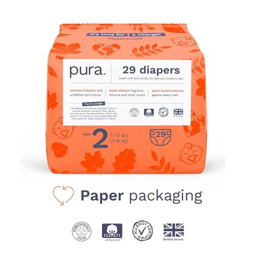 Pura Hypoallergenic Diapers, Size 2 (7-13 lbs) Totally Chlorine Free, Wetness Indicator, Suitable for Sensitive Skin, Soft Organic Cotton, Overnight, 3 Packs of 29 (87 Baby Diapers)