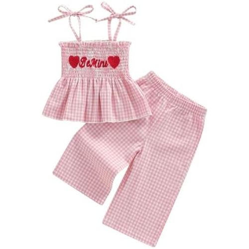 Kayotuas Toddler Girl Valentines Outfit Smocked XOXO Tank Top Dress and Linen Pants Heart Outfits Cute Valentine Baby Clothes