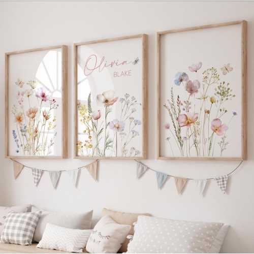 Wildflower Nursery Prints Set, Custom Name, Boho Floral Decor (Digital)