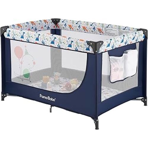 Pamo Babe Travel Foldable Portable Bassinet Baby Infant Comfortable Play Yard Crib Cot with Soft Mattress Breathable Mesh Walls, and Carry Bag Blue