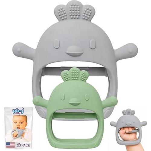 PBnJ Baby Teething Mittens for Babies 0-6 Months, 2 Pack Silicone Teething Mitten with 3 Textures & Crinkle Sound, BPA-Free Teether Glove for Teething Relief, Adjustable Baby Teething Toys 3-6 Months