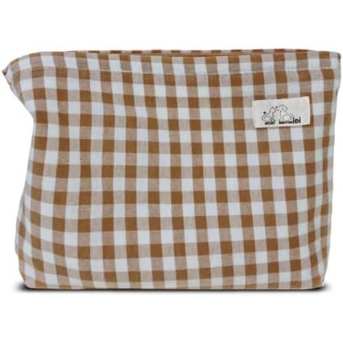 HAPPYHEIDI Khaki Gingham Cotton Makeup Bag Cosmetic Travel Pouch with Bottom, Make Up Purse Organizer, Zipper Closure, Canvas Lined…