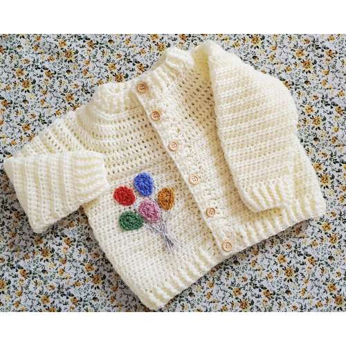 Hand Crocheted Embroidered Balloons Baby/Toddler Cardigan (available in many colours)