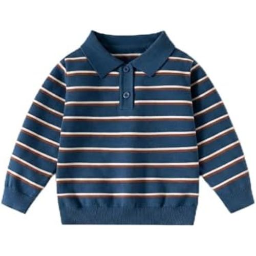 Toddler Boys Striped Knit Sweater Collared Long Sleeve Cotton Blend Pullover for Spring Fall School Uniform Top