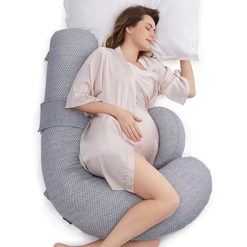 Momcozy Pregnancy Pillow,Original F Shaped Maternity Pillow for Pregnant Women with Adjustable Wedge Pillow, Full Body Support Pregnancy Pillows for Side Sleeping with Velvet Cover, Light Grey