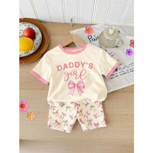 SHEIN Cream Color, Cute Bow Print "Daddy's Girl" Baby Girl Casual Round Neck Loose Short Sleeve T-Shirt And Shorts Set, Summer Outfits , Easy Comfort, Autumn Layers For Kids, Stylish Kids, Casual Wear, Kids Graphic Clothes, Back To School, Fall Clothes Ba