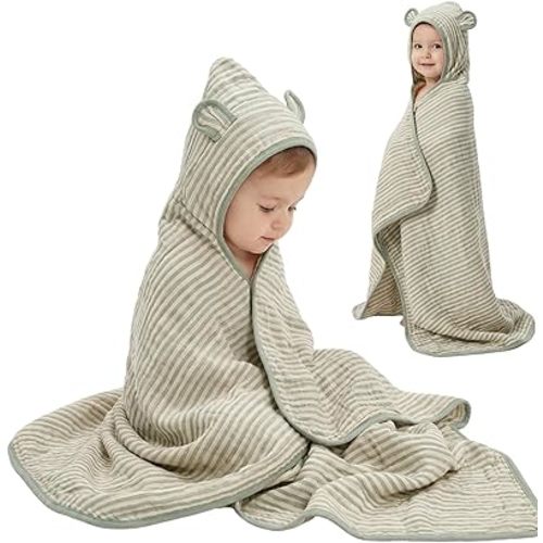 Ultra-Soft Muslin Toddler Hooded Towel – 55 x 28 Inches, Made with Organic Cotton, Gender-Neutral Sage Green Striped Jacquard Pattern, Ideal for Bath & Beach, Newborn to Toddler
