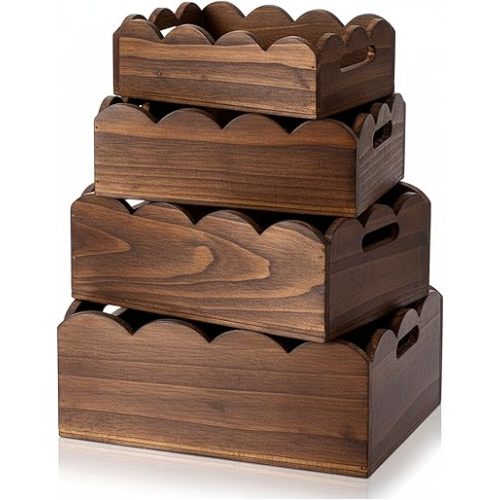 4 Pcs Scalloped Baskets with Handle 4 Size Wooden Countertop Storage Box Multipurpose Fruit Vegetable Crate Rectangular Decorative Serving Tray Organizer for Kitchen Bathroom Home Decor(Brown)