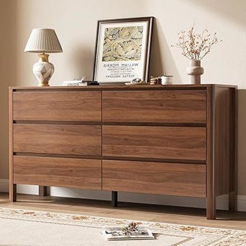 MAISONARIA Walnut Dresser for Bedroom, 55.1" Wide Dresser with 6 Drawers and Hidden Handles, Modern Wood Chest of Drawers for Clothes and Accessories, Stylish Storage Cabinet for Living Room, Entryway