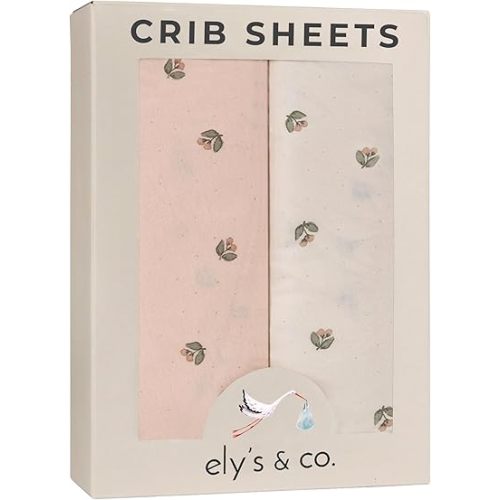 Ely’s & Co. Crib Sheets, Baby Girl Fitted Crib Mattress Sheet Set, 2 Pack, 100% Jersey Knit Cotton, Infant and Toddler Nursery Bedding, Pink Vintage Print, 28” x 52”