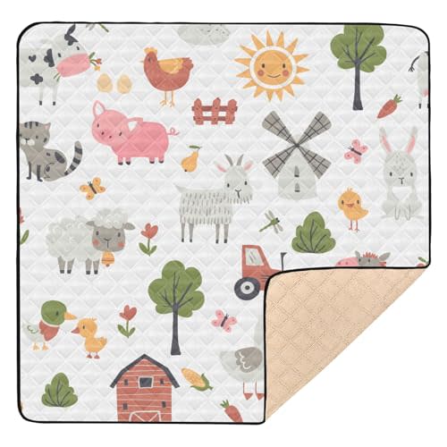 KICPOAY Baby Play Mat Cartoon Farm Animals 50 x 50 Playpen Mats for Floor Play Gym Crawling Mat Non-Slip Cushioned Baby Playmat for Infants, Babies, Toddlers