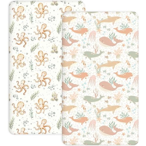 Crib Sheets for Boys and Girls, 2 Pack Fitted Baby Sheets for Standard Toddler Mattress 28" x 52", Soft Breathable Jersey Knit Baby Bedding (Aqua Wonders)