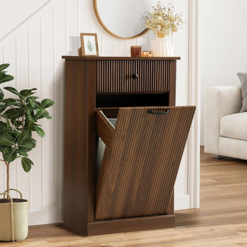 Latitude Run® Tilt Out Fluted Laundry Hamper Cabinet, 11 Gallon Hidden Laundry Hamper, Wooden Trash Can Cabinets With Drawer, Modern Garbage Can Cabinet For Bathroom, Kitchen, Living Room | Wayfair