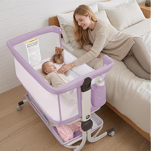 Baby Bassinet, Bedside Sleeper for Newborns Convertible Co-Sleeper Crib with Breathable Mesh, 6-Level Height Adjustment, Built-In Storage, Foldable Portable Bassinet for Home or Travel, Pink & Purple