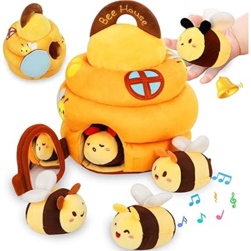 Baby Toys 0-6 6-12 Months, Toddler Sensory Stuffed Beehive Toys with 5 Bees - Rattle, Music, Crinkle, Squeaker & Mirror for 0-3 Years Old, Newborn Infant Toys Gift for Christmas, Birthday