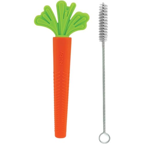 Nuby Baby Silicone Carrot Tube Teether - Massaging Bristles for Sore Gums, Includes Cleaning Brush, 3 Months+