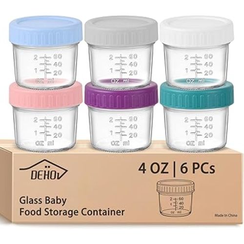 6-Piece Glass Baby Food Containers with Lids,4 OZ Small Glass Freezer Safe Baby Food Storage Jars,Leak Proof Baby Food Grade Puree Containers