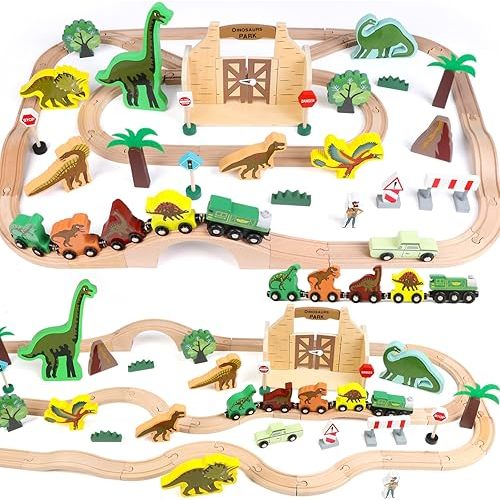 Wooden Train Set, Dinosaur Toys for Kids 3-5, Compatible with Major Brands, Dinosaur Train, Ideal Wooden Dinosaur Train Track Set for 3 4 5 6 7 8 Year Old Kids Boy Girl