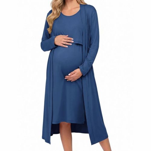 Ekouaer Nursing Gown and Robe Set Labor Delivery Nightgown Hospital Dress Blue M