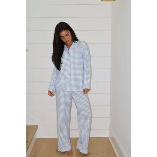 Ruffle Bamboo Pajama Set in Blue Gingham