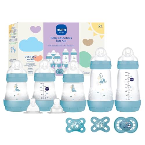 MAM Easy Start Anti-Colic Baby Bottle & Pacifier Set, 5 Self Sterilizing Bottles (3X 5oz, 2X 9oz) & 3 Original Pacifiers 0–16 Months + Extra Nipples, Newborn Feeding Gift Set