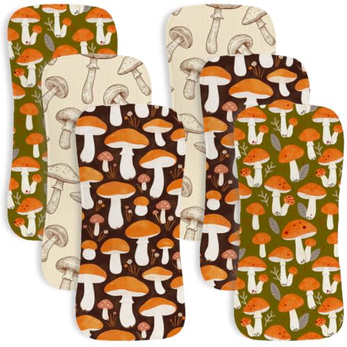 6Pack Mushroom Baby Burp Cloths Muslin Cotton Large Infant Rags Ultra Absorbent Super Soft Neutral Shower Gift Newborn Spit Up Towels Woodland Nursery Feeding Essentials Washcloths Girl Boy Boho Bibs