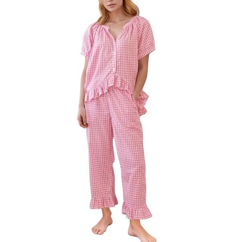 Flygo Womens Plaid 2 Piece Pajamas Sets Gingham Button Down Puff Sleeve Babydoll Shirt Ruffle Pants Y2K Pjs Lounge Set