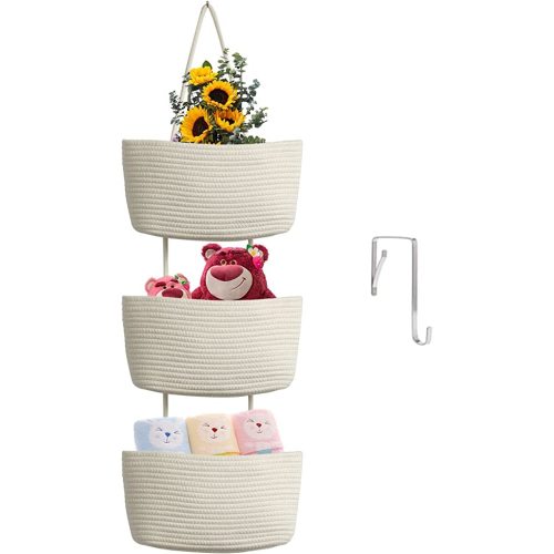TeoKJ Over the Door Hanging Baskets, 3-Tier Woven Cotton Storage Organizer Bag with Hooks Wall-Mounted Decorative Nursery Kitchen Baskets - White