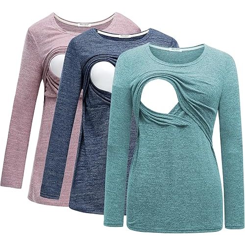 Bearsland Women's 3 Packs Maternity Clothes Long Sleeves Breastfeeding Shirts Nursing Top