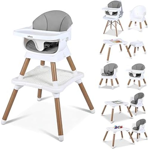 INFANS Baby High Chair, 9 in 1 Convertible Highchair for Babies and Toddlers, Building Block Table Dining Booster Seat Activity Desk Kids Stool with Adjustable Removable Tray (Light Grey)