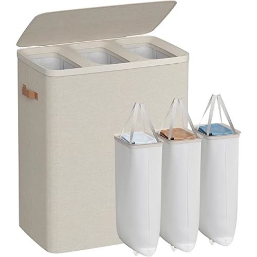 SONGMICS Laundry Basket, 50.2 Gal. Laundry Hamper, 3 Compartments, Easy Assembly, with Lid and Handles, Removable Liners, 25.2 x 15.7 x 29.5 Inches, Cappuccino Beige ULCB814LH01