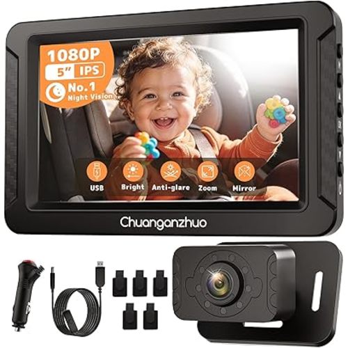 S100C Car Camera for Baby USB Powered, Crystal Clear Auto IR Night Vision in Total Dark, Adjust Brightness & 1080P 5" IPS Monitor, 3X Zoom & 360° Rotating Backseat Camera for Rear or Forward-Facing