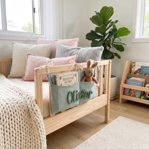 Personalized Sage Green Crib Organizer with Two Muslin Storage Pockets