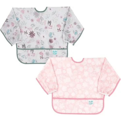Bumkins Sleeved Bib for Girl or Boy, Baby and Toddler for 6-24 Mos, Essential Must Have for Eating, Feeding, Baby Led Weaning Supplies, Long Sleeve Mess Saving Food Catcher, 2-pk Floral and Lace