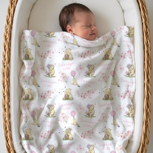 Personalized Vintage Pooh Swaddle – Pink Floral Baby Blanket for Newborn Girl