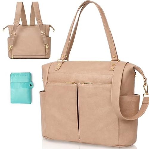 MOMINSIDE Diaper Bag Tote, Leather Diaper Bag Backpack with 14 Pockets, Convertible Baby Bag for Boys Girls, Baby Registry, Changing Pad, Large 4 Insulated Pockets (Camel)