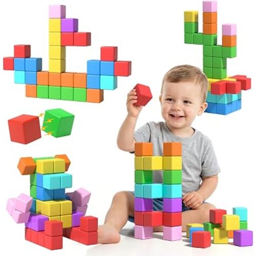 Magnetic Blocks Large, 56PCS 1.34in Magnetic Building Blocks, 3D Magnetic Cubes for Toddlers, Preschool Educational Construction Kit, Sensory Montessori Toys Kids Blocks for Boys Girls Toddlers