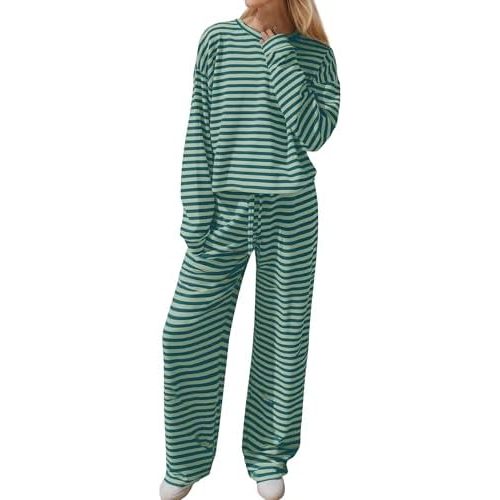 MISSACTIVER Women's Striped 2 Piece Lounge Set Casual Long Sleeve T-Shirt Drawstring Wide Leg Pants Matching Pajamas Set