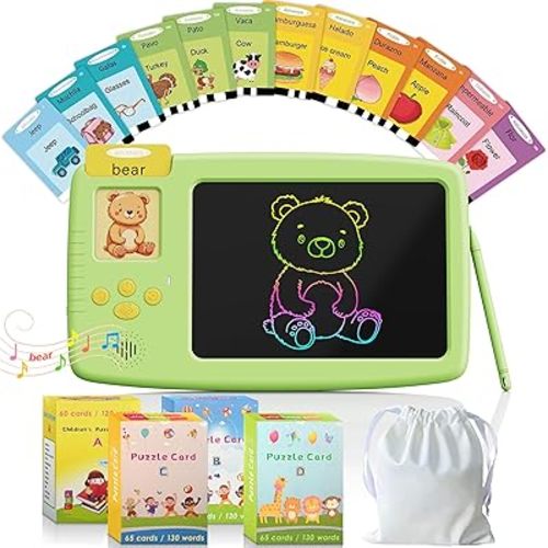 Talking Flash Cards for Toddlers - 2-in-1 LCD Writing Tablet Kids - Montessori Language Learning with 510 Words - Autism & Speech Therapy Toys for Children Gifts, Green