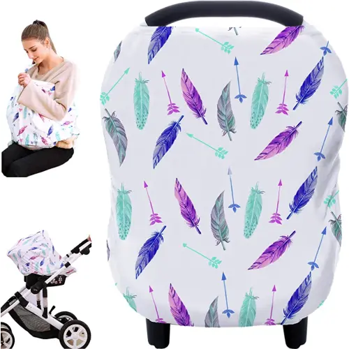 Carseat Canopy Covers for Breastfeeding - Baby Car Seat Covers Breastfeeding Cover Multi Use Boys and Girls Shower Gifts (Feather)