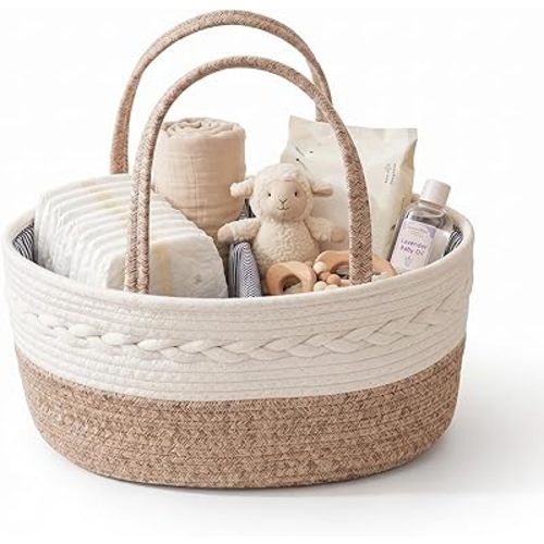 Baby Diaper Caddy Organizer with Removable Compartments, 14.2"L x 7"W x 8.7"H, 100% Handmade Woven Cotton Rope, Portable Nursery Storage Basket for Car and Changing Table, Shower Newborn Gift