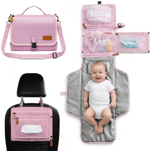 UBRAVOO Portable Diaper Changing Pad - Baby Diaper Changer Travel Bag with Wipes Pocket, Smart Design Portable Changing Mat, Infant Travel Station Kit, Gift for Newborn Girl & Boy (Pink)