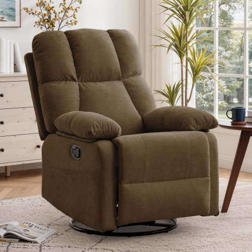 GEEYOO Swivel Rocker Recliner Chair for Adults,360°Swivel Nursery Recliner with Side Pockets,Small Recliner Chair for Small Spaces for Living Room,Linen,Brown